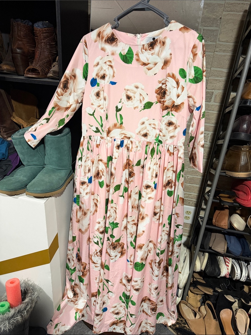 Dainty Jewells Pink Floral Rose Maxi Dress Modest Full Skirt 3/4 Sleeve Large
